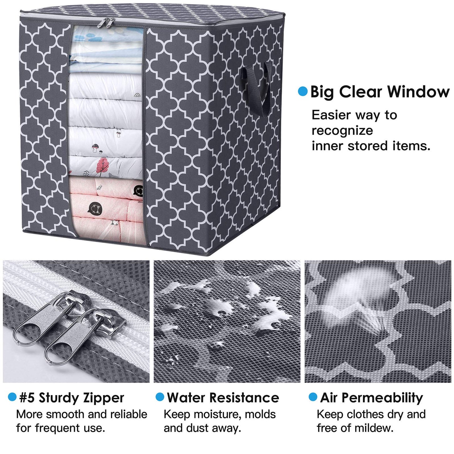 WISELIFE Storage Bags [3 Pack/100L] Large Blanket Clothes Organization and Storage Containers for Comforters,Bedding, Foldable Organizer with Reinforced Handle, Clear Window, Sturdy Zippers,Gray