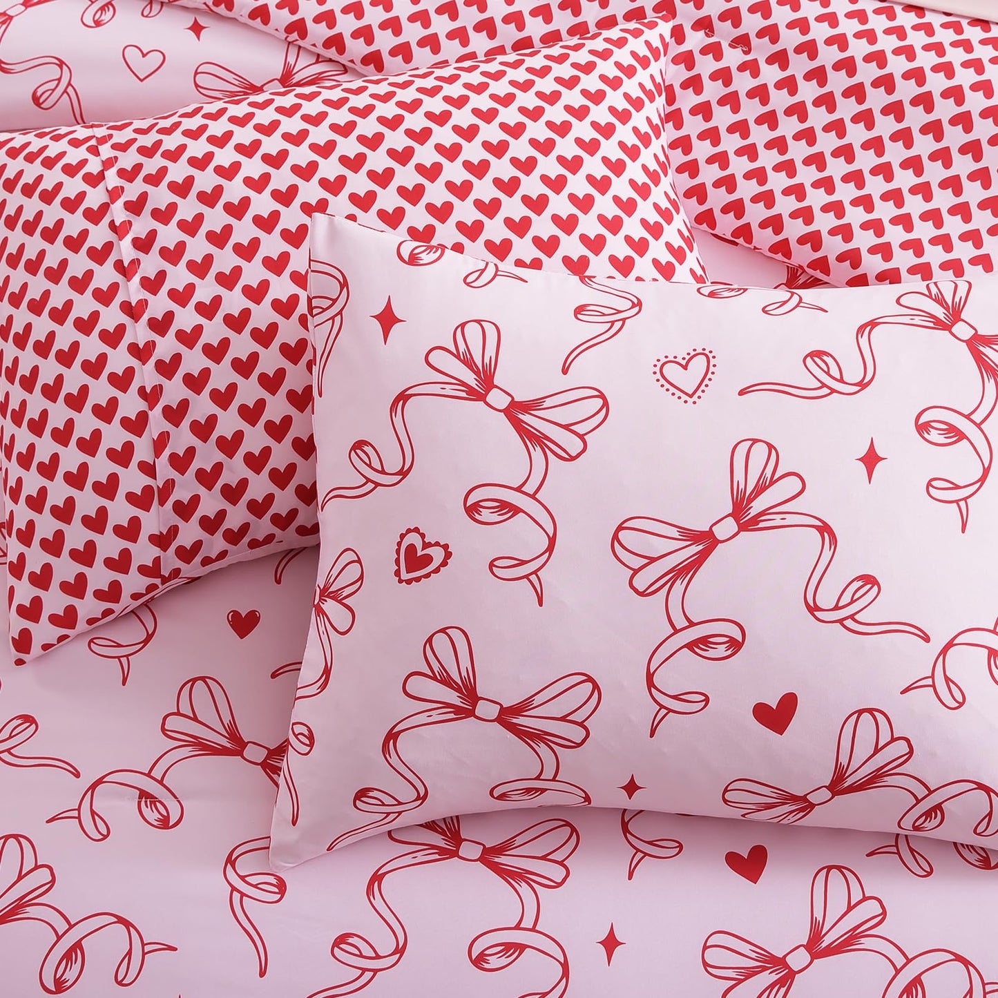 AMBERSPACE Twin XL Comforter Set for Girls, Red Bow Bedding Set Reversible with Cute Heart, All Season Kids Dorm Bed in a Bag 5 Pieces with Sheets, Pillowcase & Sham