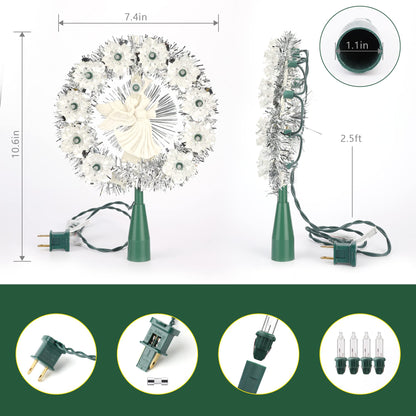 Brizled Christmas Tree Topper, 8" Lighted Angel Tree Topper with 11 Count Lights, Siver Tinsel Wreath Tree Toppers, Warm Lighted Angel Tree Topper with 10 Flowers, Plug in Treetop for Christmas Tree