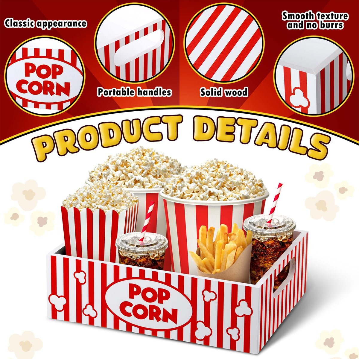 Movie Night Supplies Snack Trays with Handles Reusable Wooden Movie Gift Basket for Theater Popcorn Bucket Bowl Box Container Family Room Decor(Striped)