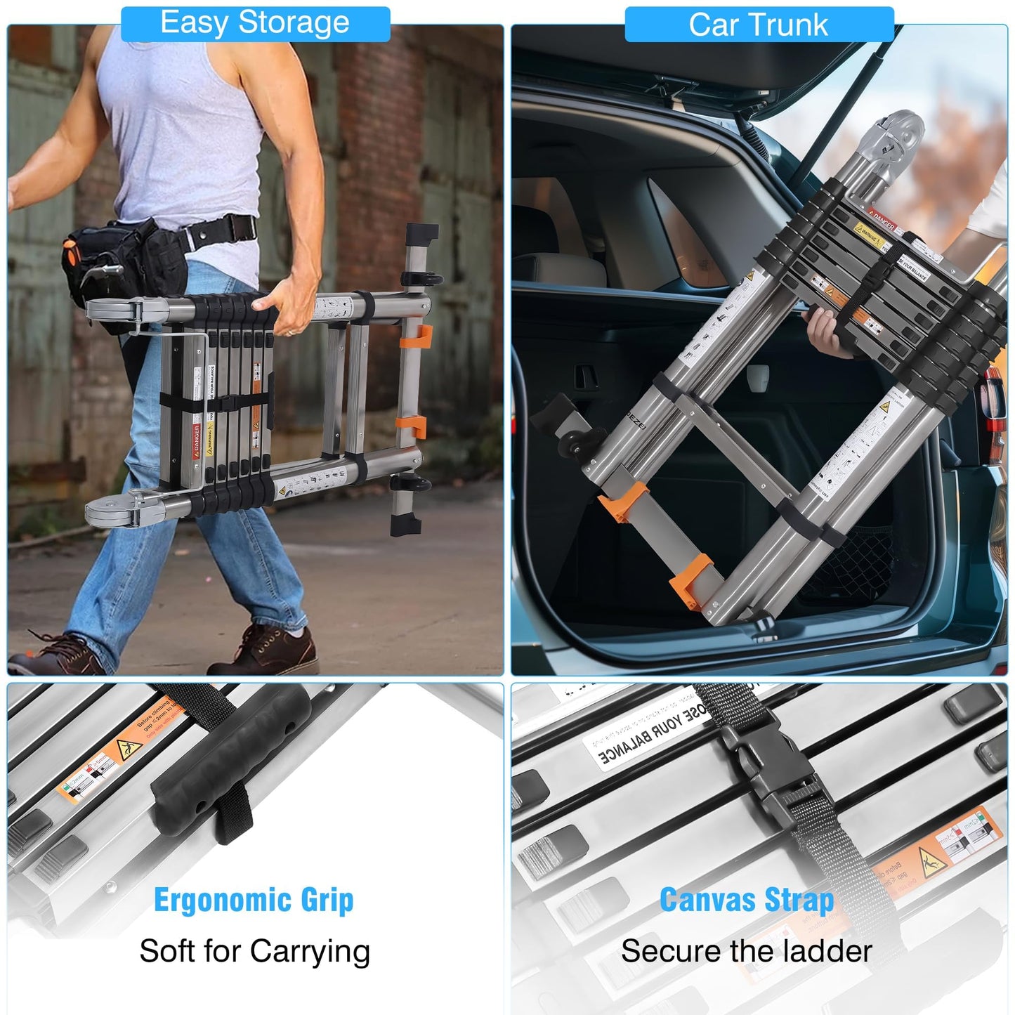 DEZEX Telescoping Ladders 16.5FT A Frame Ladder, Adjustable Folding Extension Ladder, with Anti-Slip Balance Bar & Wheel, Multi-Purpose Collapsible Ladder for Home, Outdoor Work, 330 lbs Capacity
