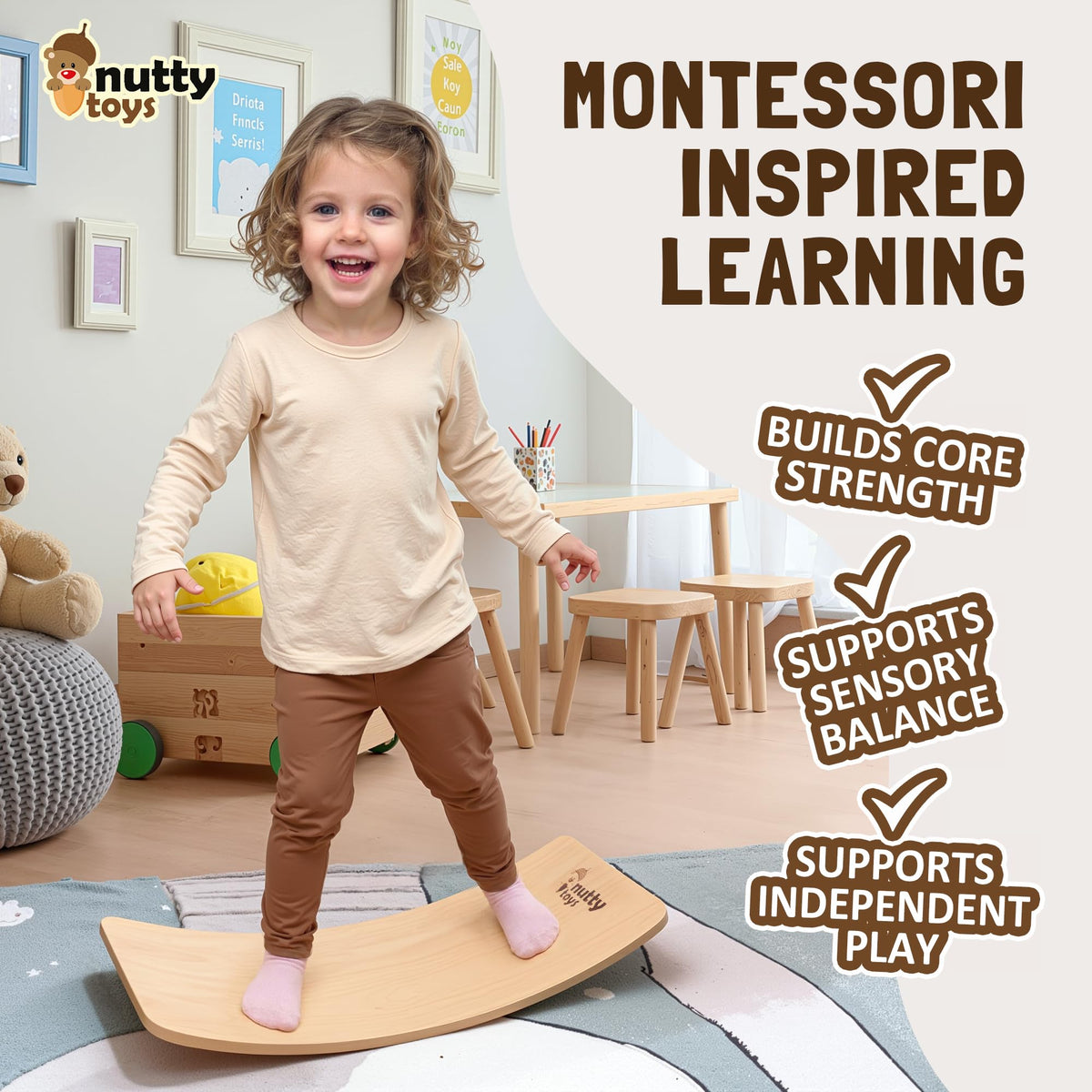 NUTTY TOYS Montessori Wooden Wobble Board for Kids & Adults - 100% Natural Wood Balance Board, Toddler Balancing Toy, Unique Boy & Girl Open Ended Toy, Best Christmas Stocking Stuffer Gifts Idea 2026