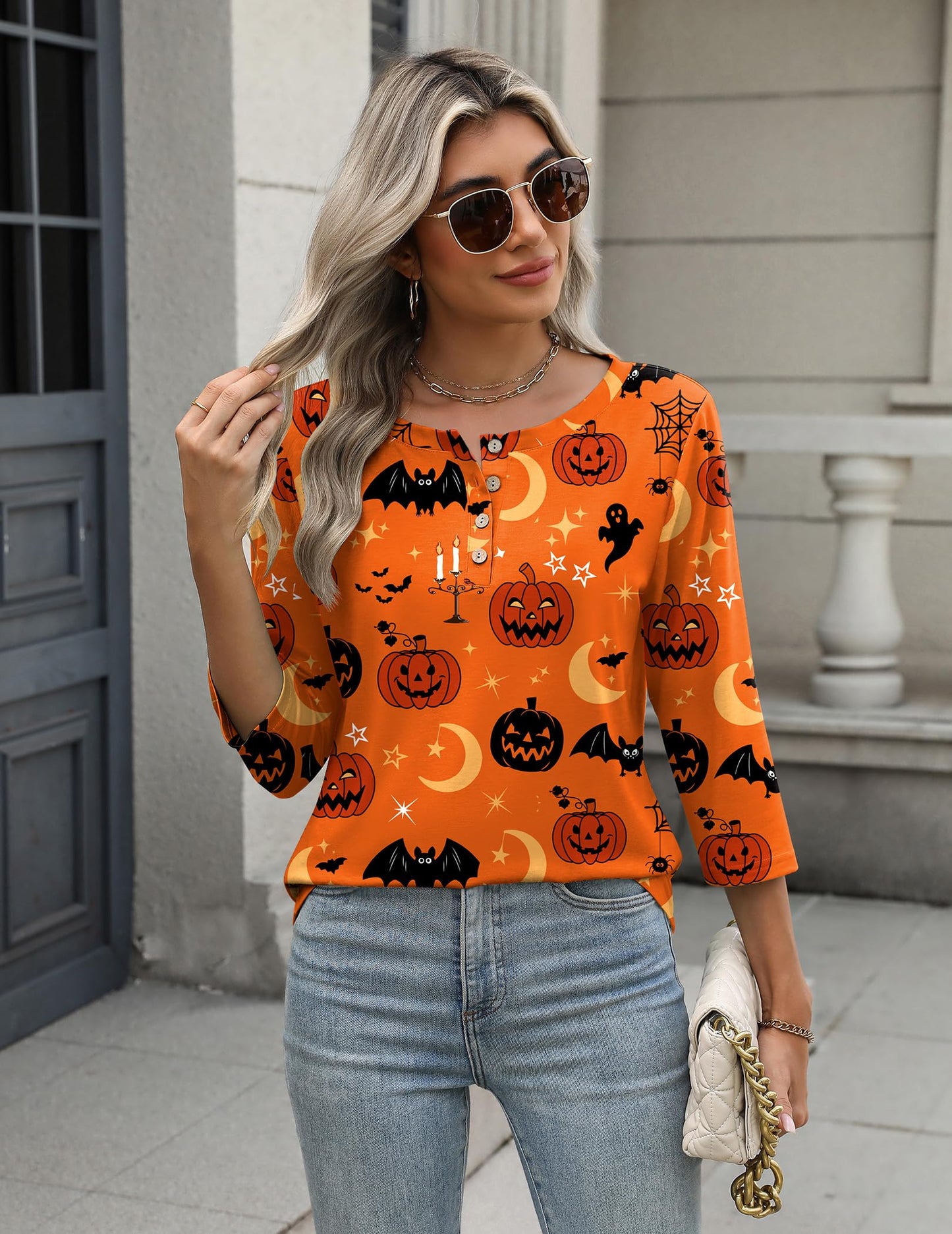 Zeagoo Halloween Shirts Round Neck T Shirts for Women 3/4 Sleeve Blouses Dressy Casual Fall Clothes 2025 Tunic Tops