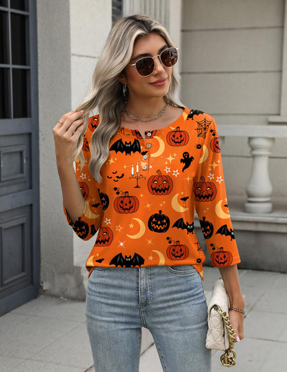 Zeagoo Orange 3/4 Sleeve Halloween Shirts for Women Crew Neck Dressy Casual Tunic Tops Fall Button Up Blouses 2025