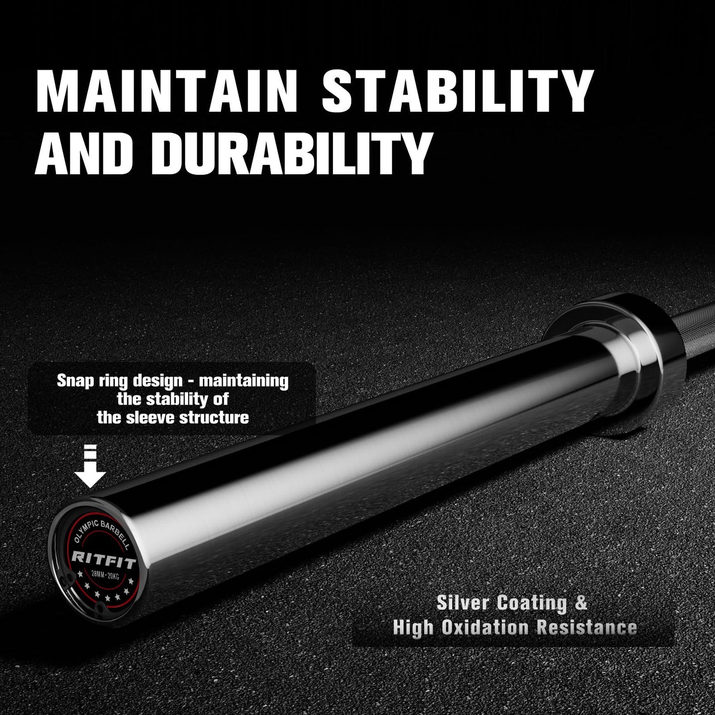 RitFit 7-foot Olympic Barbell Bar, General Purpose Weight Bar Suitable for Olympic Lifts and Power Lifts, 1200LBS Capacity
