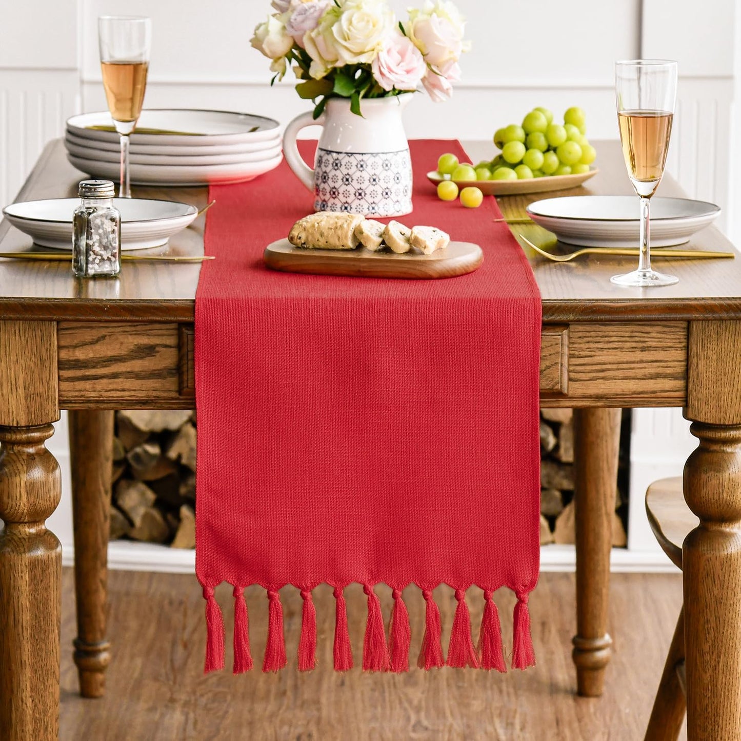 Artoid Mode Red Tassel Table Runner, Christmas Linen Blend Rustic Farmhouse Style Kitchen Table Decoration Holiday Wedding Party Dinning Decor 13x72 Inch