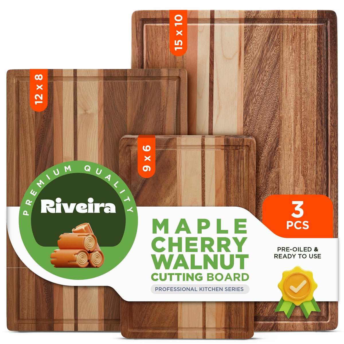 Riveira Premium Maple/Cherry/Walnut Wood Cutting Board – Versatile and Durable: Set Of 3 Pcs Rectangular Wooden Cutting Board – Natural Wooden Cutting Boards For Kitchen - Complete Cutting Boards