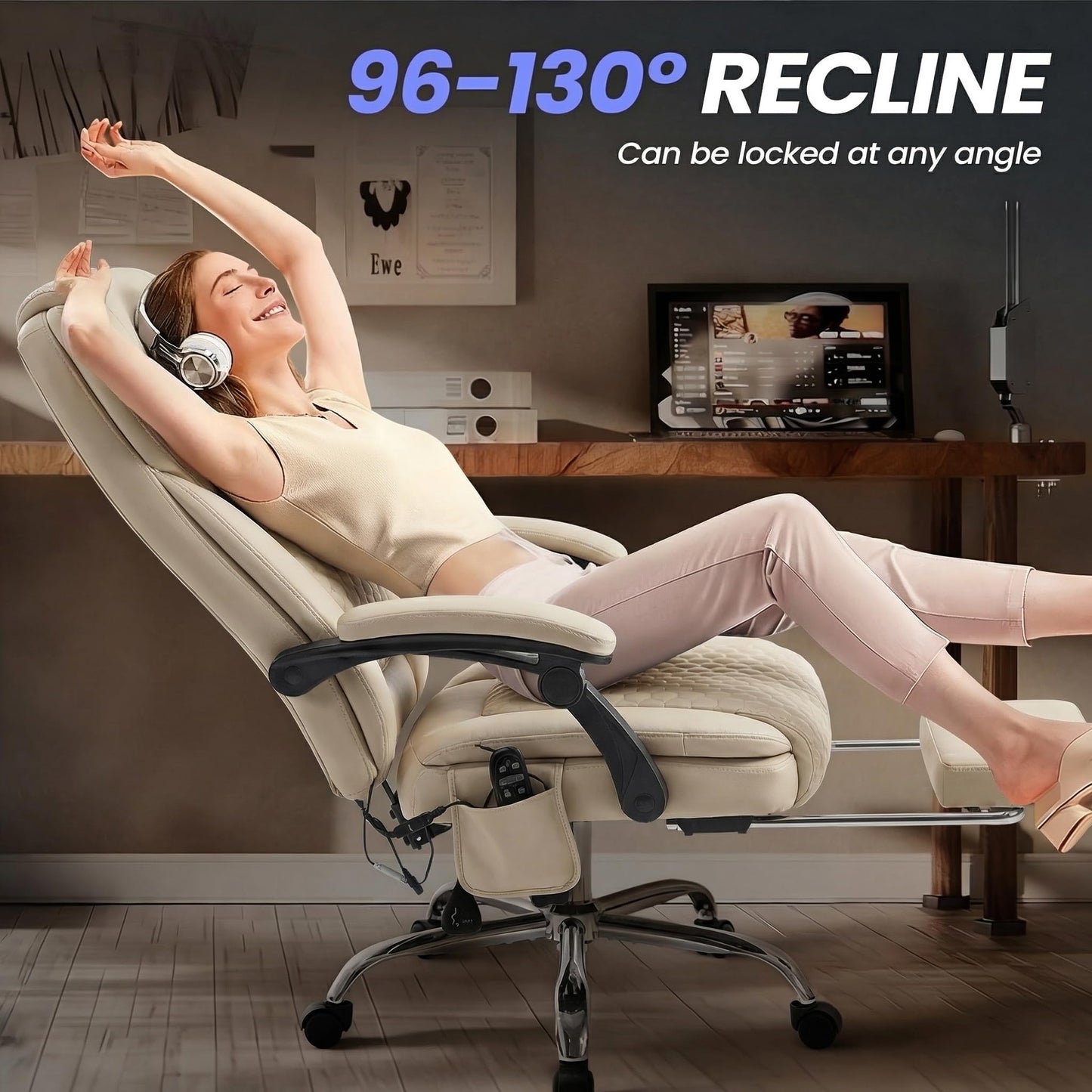 MALOL Massage Office Chair Set of 2 with 3-Level Heat and Footrest – 20-Min Easy Assembly, 300 lbs Big and Tall Desk Chair, PU Leather Ergonomic Executive Computer Chair with Side Pocket, Beige