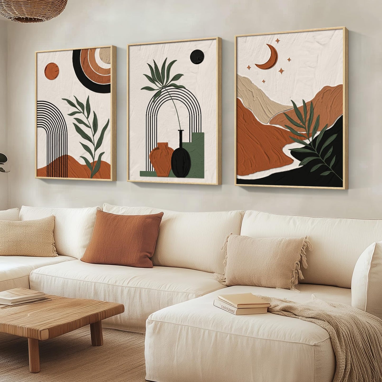 Framed Boho Sage Green Wall Art for Living Room, Large Mid Century Modern Tropical Leaf Canvas Artwork for Walls, 3 Piece Beige Orange Bohemian Wall Art Prints for Bedroom Kitchen Hallway, 16x24 Inch