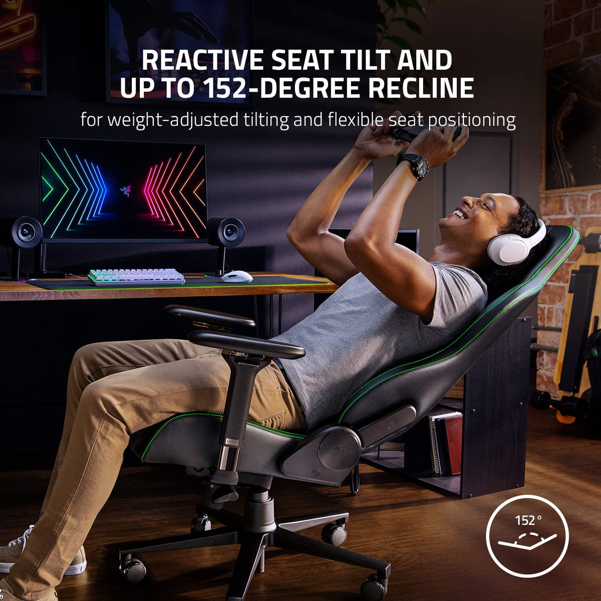 Razer Enki Gaming Chair: All-Day Comfort - Built-in Lumbar Arch - Optimized Cushion Density - Dual-Textured, Eco-Friendly Synthetic Leather - Reactive Seat Tilt & 152-Degree Recline - Black/Green