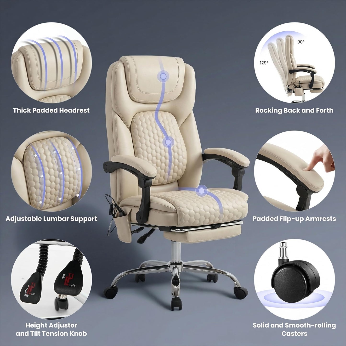 MALOL Massage Office Chair Set of 2 with Heat and Footrest - 3-Level 65°C Targeted Heating, 20-Min Assembly Leather Desk Chair, Big and Tall Executive Computer Chair with Side Pocket, 300 lbs, Beige