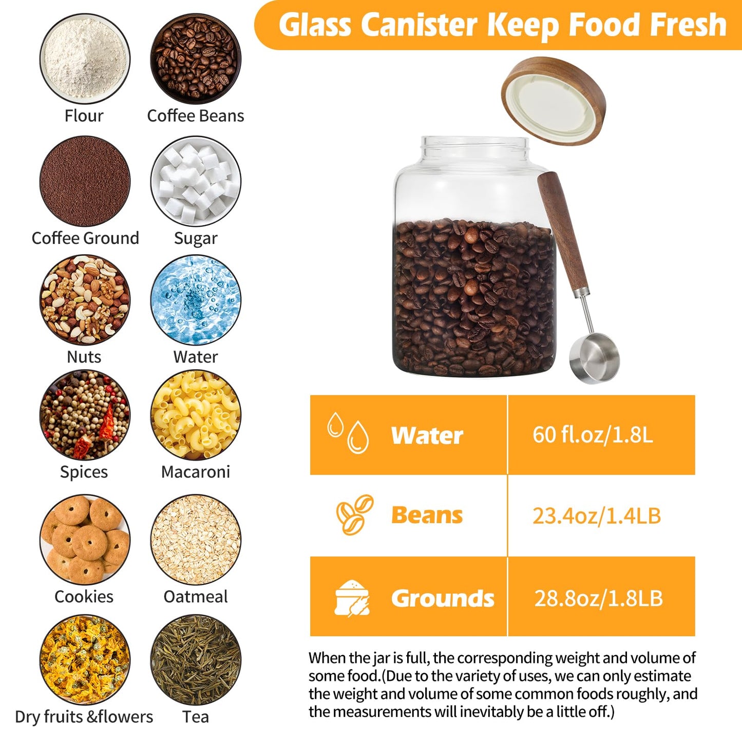 Patoper Large Glass Coffee Jars with Spoons 60 oz /1800ml, Round Storage Canister with Wooden Lid Clear Glass Food Jar for Pantry Sugar Tea Coffee Bean Spice Nuts Cookies Bath Salts (1800ml/60oz)