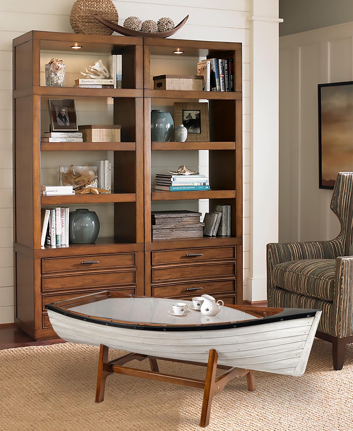 SAILINGSTORY Wooden Boat Coffee Table Boat Bookshelf Coastal Coffee Table Nautical Bookcase Lake House Decor Beach House Decor