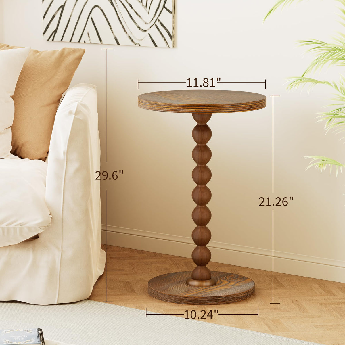 TEROL Round Side Table, Drink Table for Small Spaces, Modern Accent Nightstand with Rubberwood Leg for Living Room, Bedroom, Corners, and Office (Brown)