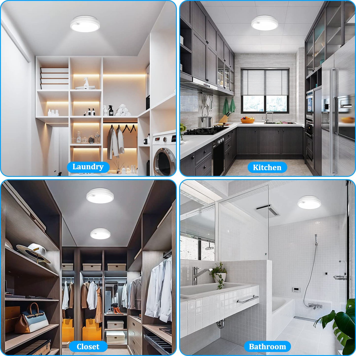 2-Pack Motion Sensor LED Ceiling Light Battery Operated, 7.2inch Flush Mount Light Fixture 6000K, Wireless Motion Activated Ceiling Lamp in 300LM for Closet Pantry Laundry Stair(Battery Not Included)