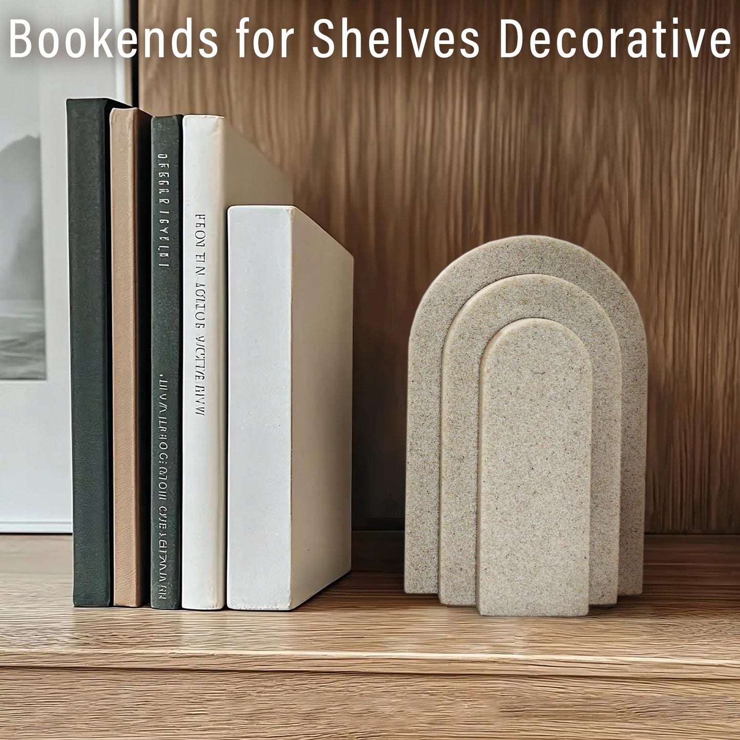 LIN CHUAN Heavy Duty Bookends for Shelves, 6.6 LBS Heavy Book Ends for Heavy Books, Decorative Modern Bookends with Faux Sandstone Look, Layered Arch Book Stopper for Bookshelf Holder Set of 2, Beige