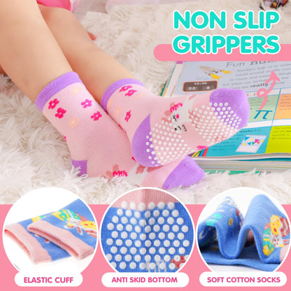 Welwoos Baby Girls Toddlers Grips Socks Non Slip Anti Skid Funny Animal Cartoon Cosy Crew Cotton Gifts Socks 12 Pairs Stocking Fillers(Colorful Flowers,3-5 T)