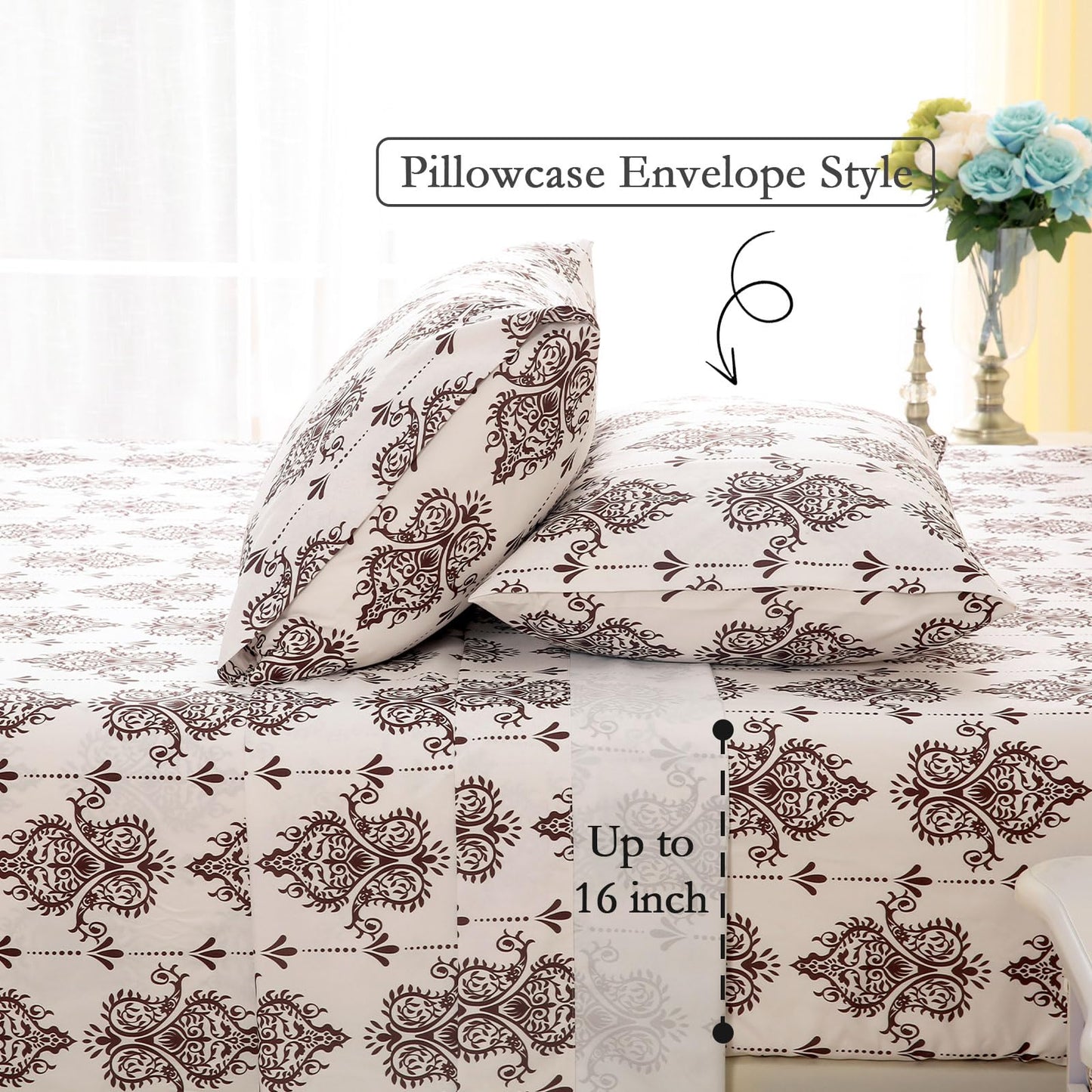 ChicView King Size Paisley Printed Sheet Set,4 Pieces Boho Style Breathable Soft Microfiber Bedsheets, Anti Pilling Deep Pockets Easy Care Bed Sheets, Brown