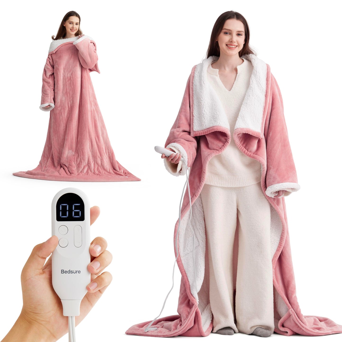 Bedsure Heated Blanket Wearable Shawl - Electric Wrap Poncho Blanket Hoodie for Adult, Birthday Gifts for Mom Women, Sherpa Heating Throw with 4 Time Settings & 6 Heat Settings, 55x64 inches, Grey