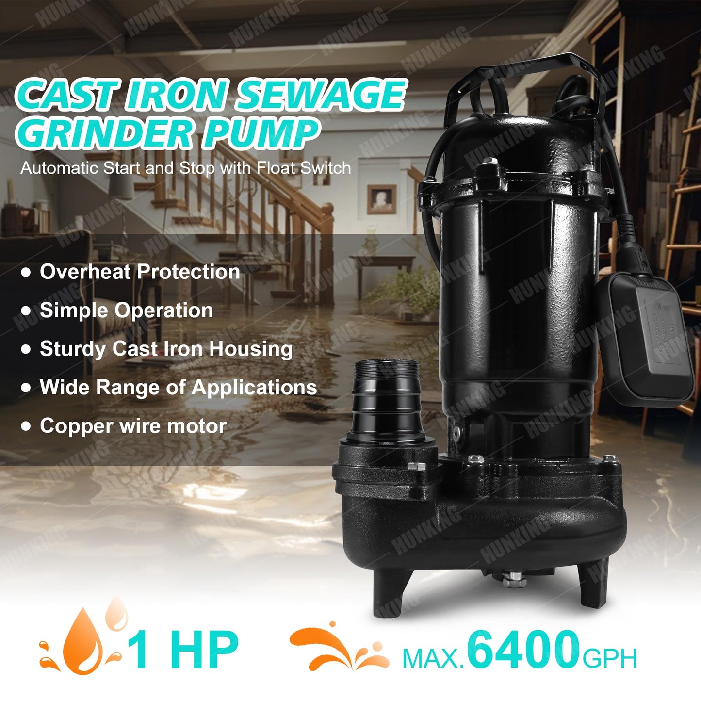 1HP Sewage Grinder Sump Pump, 110V 6400GPH Cast Iron Submersible Effluen Pumps with Auto Float Switch and Adapter for Basement, Sump Basin, Residential Sewage, 2" NPT Discharge