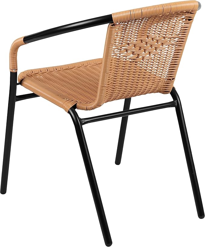 EMMA + OLIVER Set of 2 Modern Rattan Indoor/Outdoor Stack Chairs, Stacking Rattan Patio Chairs with Curved Back and Cross Bracing, Beige