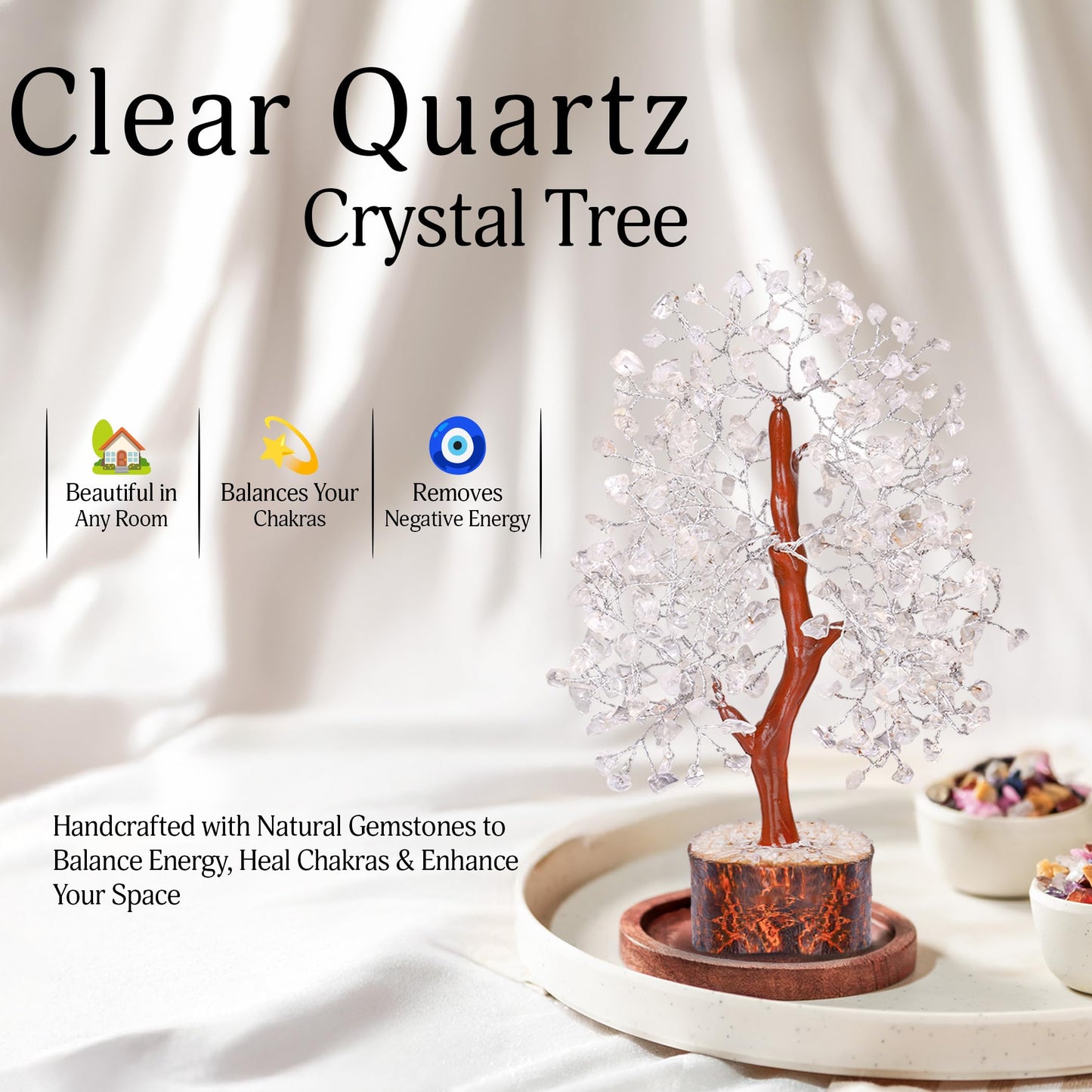 YATSKIA Clear Quartz Crystal Tree - Sculpture, Handmade 100% Natural Gemstones, Customizable, Home Decor, Feng Shui, Housewarming Gift