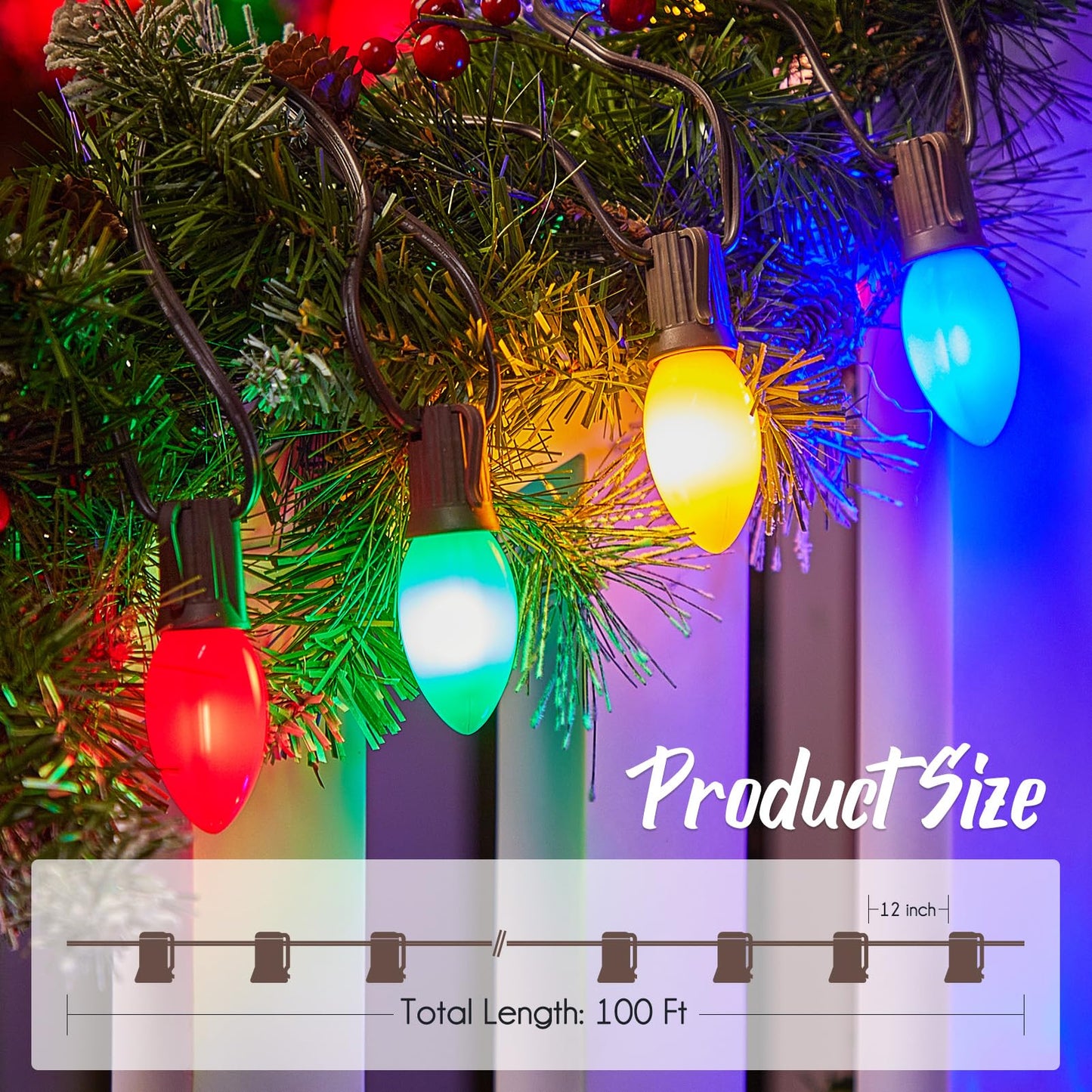 C9 Light Strand, 100 FT Outdoor String Lights Christmas Stringer with 100 Sockets for Christmas Decor Patio, E17 Light Socket, 12 Spacing, Brown Wire