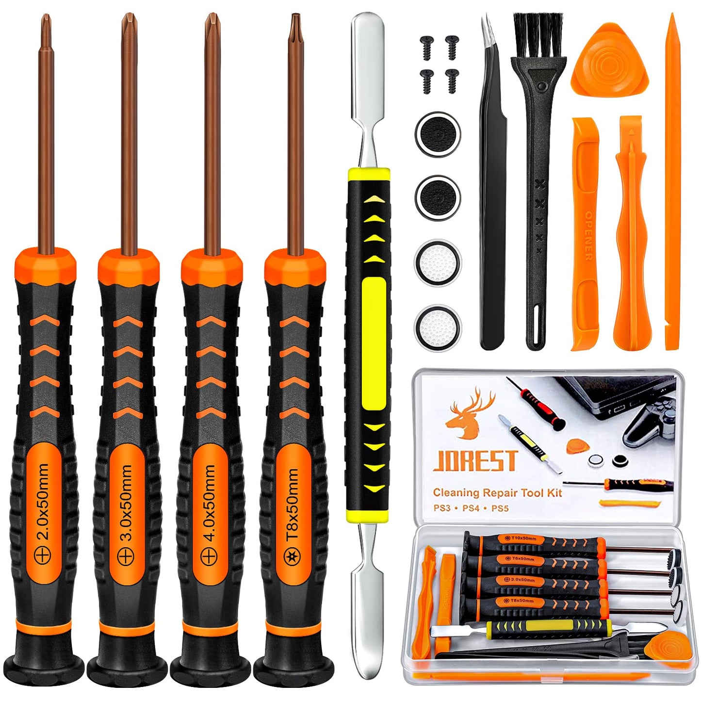 JOREST Cleaning Repair Tool Kit for PS5 PS4, with PH00 PH0 PH1 Phillips and T8 Torx Security Screwdriver set for Sony Playstation 3/4/5 Controller, Console, and Accessories, Crowbars, Tweezer, Screws