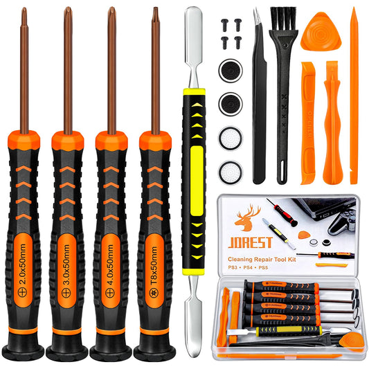 JOREST Cleaning Repair Tool Kit for PS5 PS4, with PH00 PH0 PH1 Phillips and T8 Torx Security Screwdriver set for Sony Playstation 3/4/5 Controller, Console, and Accessories, Crowbars, Tweezer, Screws