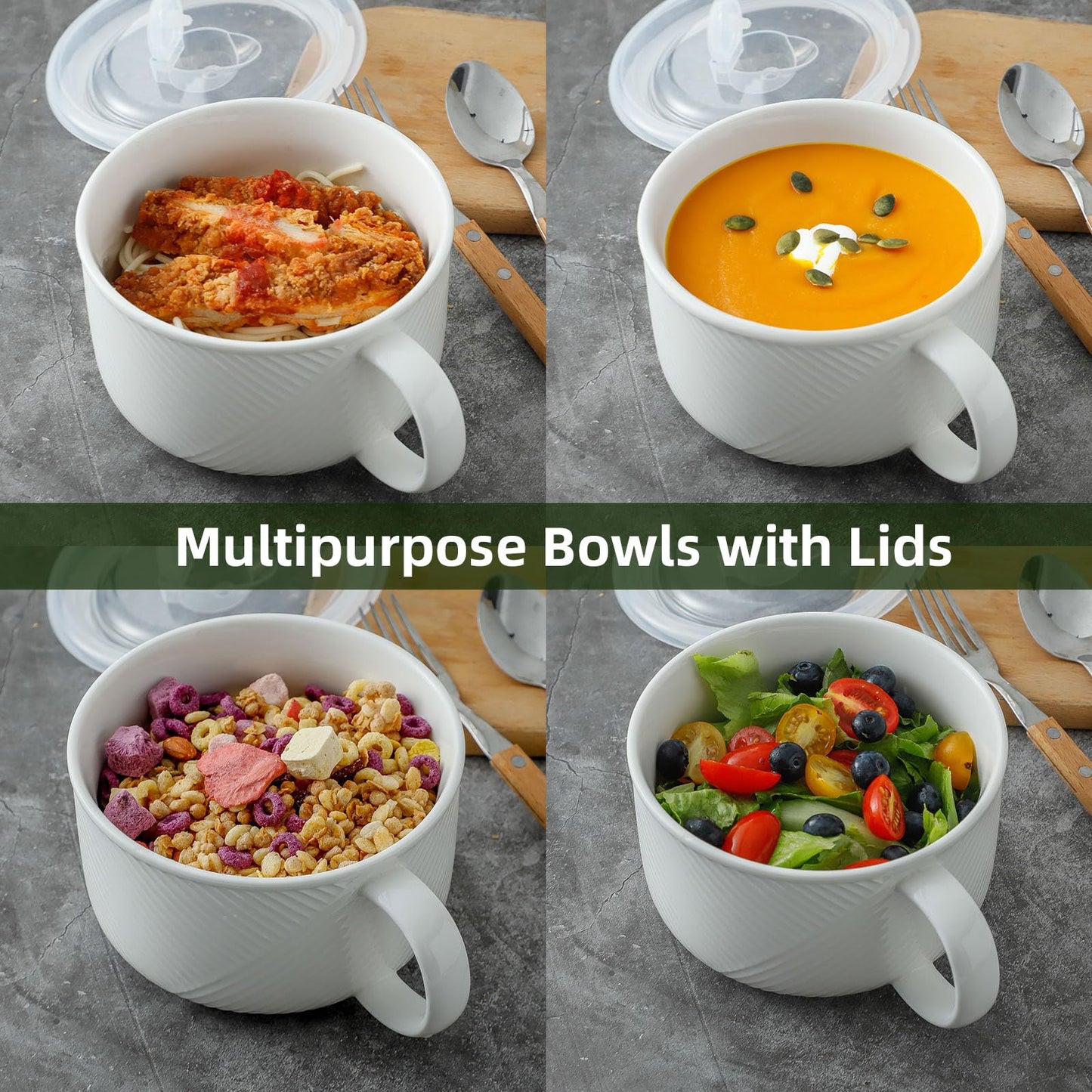 Adewnest Salt and Pepper Bowls + Oversized Soup Bowl, White