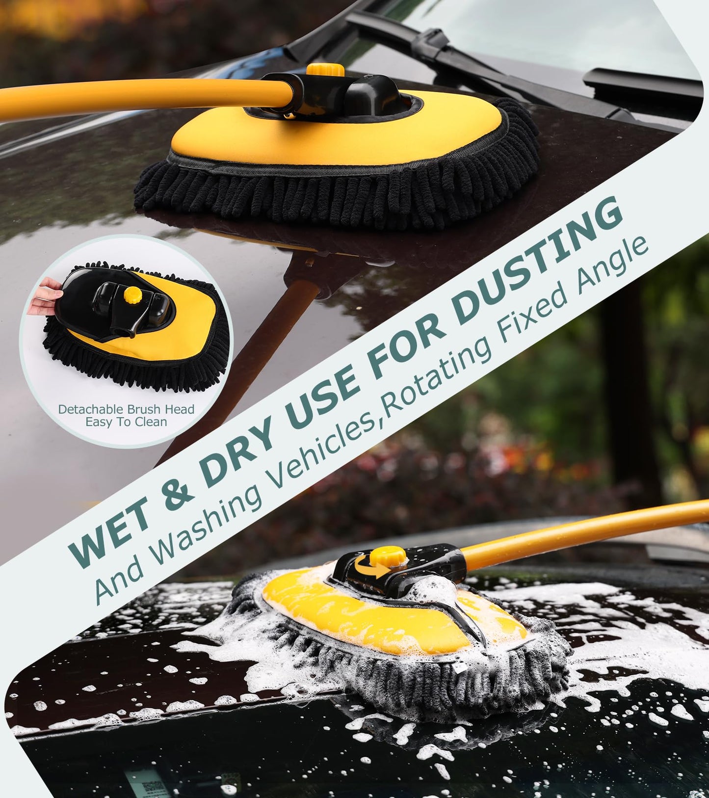 innhom 15° Curve Car Wash Brush,Telescopic Car Cleaning Brush, Microfibre Car Wash Brush Mop, Upgraded Aluminum Alloy Car Wash Brush Long Handle for Cars RV SUV Truck (Yellow( Mop and 2 Head))