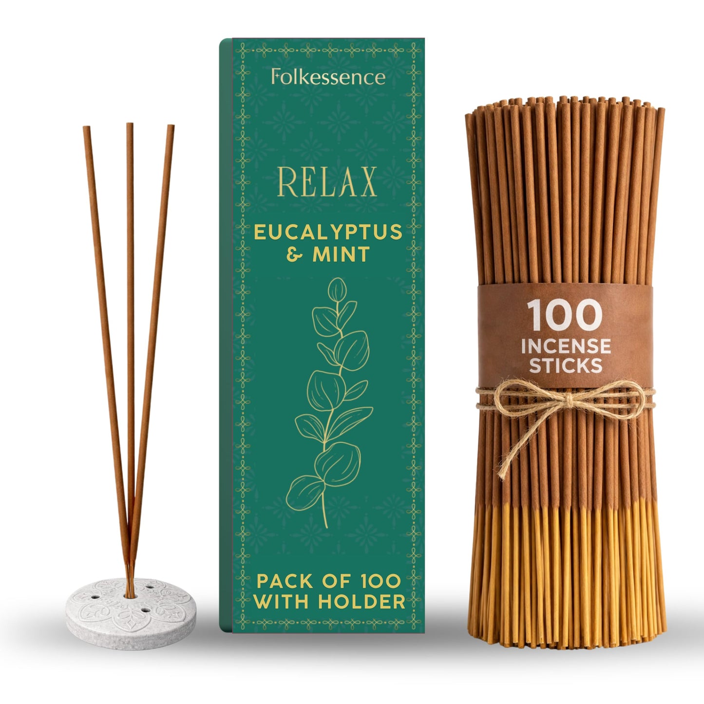 Folkulture Incense Sticks with Holder (100 Sticks)| Eucalyptus Incense Stick for Meditation, Aromatherapy, Realxation Gifts | No Charcoal,Organic,Non Toxic, 45 Mins, Long Burning Insence-Sticks