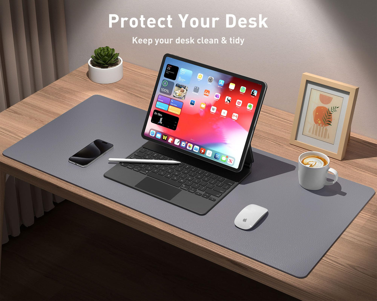 Leather Desk Pad Protector,Mouse Pad,Office Desk Mat, Non-Slip PU Leather Desk Blotter,Laptop Desk Pad,Waterproof Desk Writing Pad for Office and Home (80cmx40cm, Light Grey)