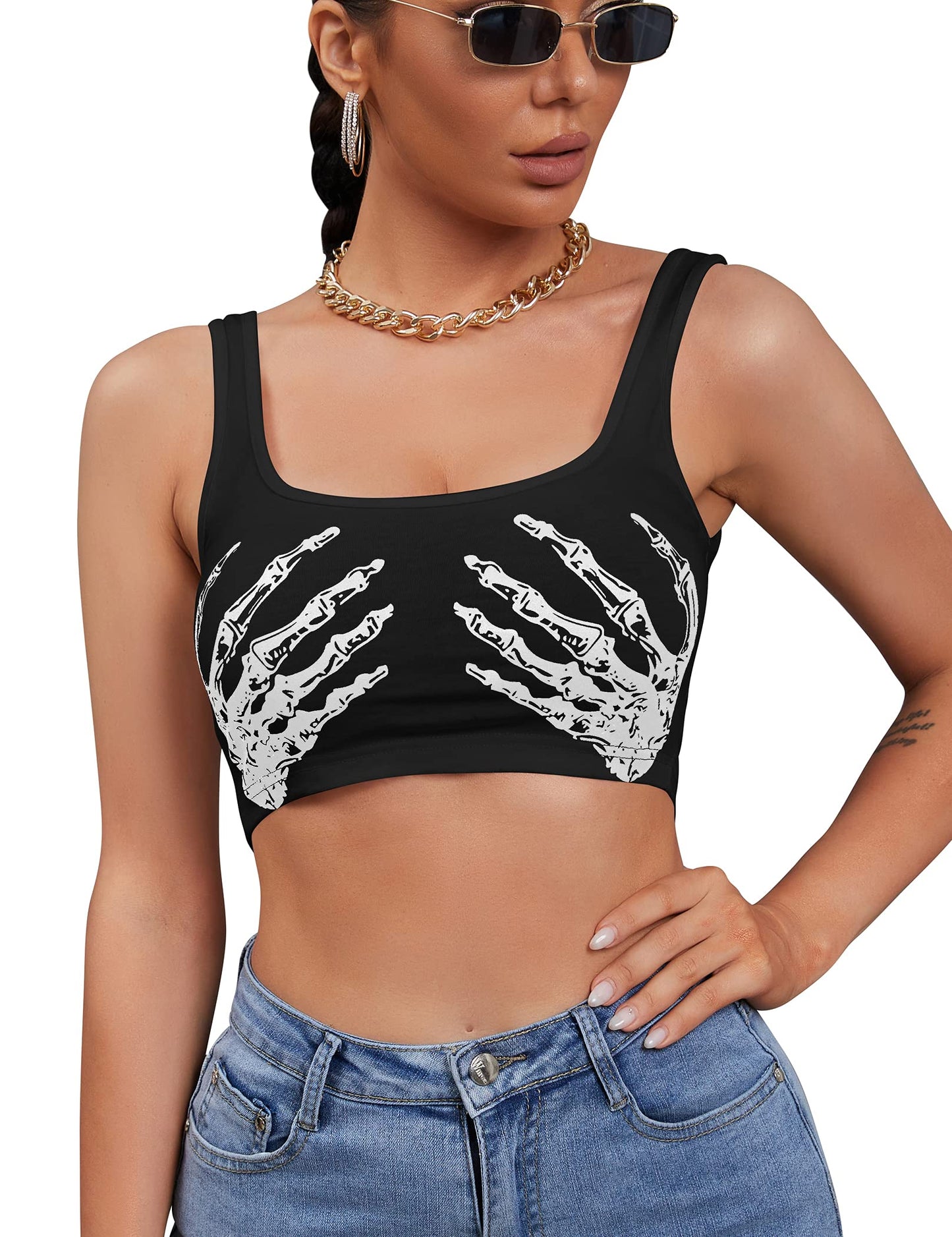 Women's Sexy Skeleton Skull Hand Print Sleeveless Funny Halloween Crop Tank Top Shirts,Medium,Black Hand