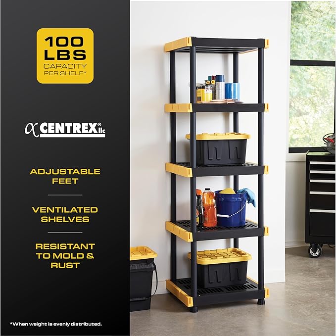 BLACK & YELLOW 5-Tier Heavy Duty Plastic Storage Shelving Unit, 5 Shelves Support up to 100lb/shelf, Organization and Storage, Weather-Resistant Design, Easy Assembly, American Made (72H x 24W x 20D)