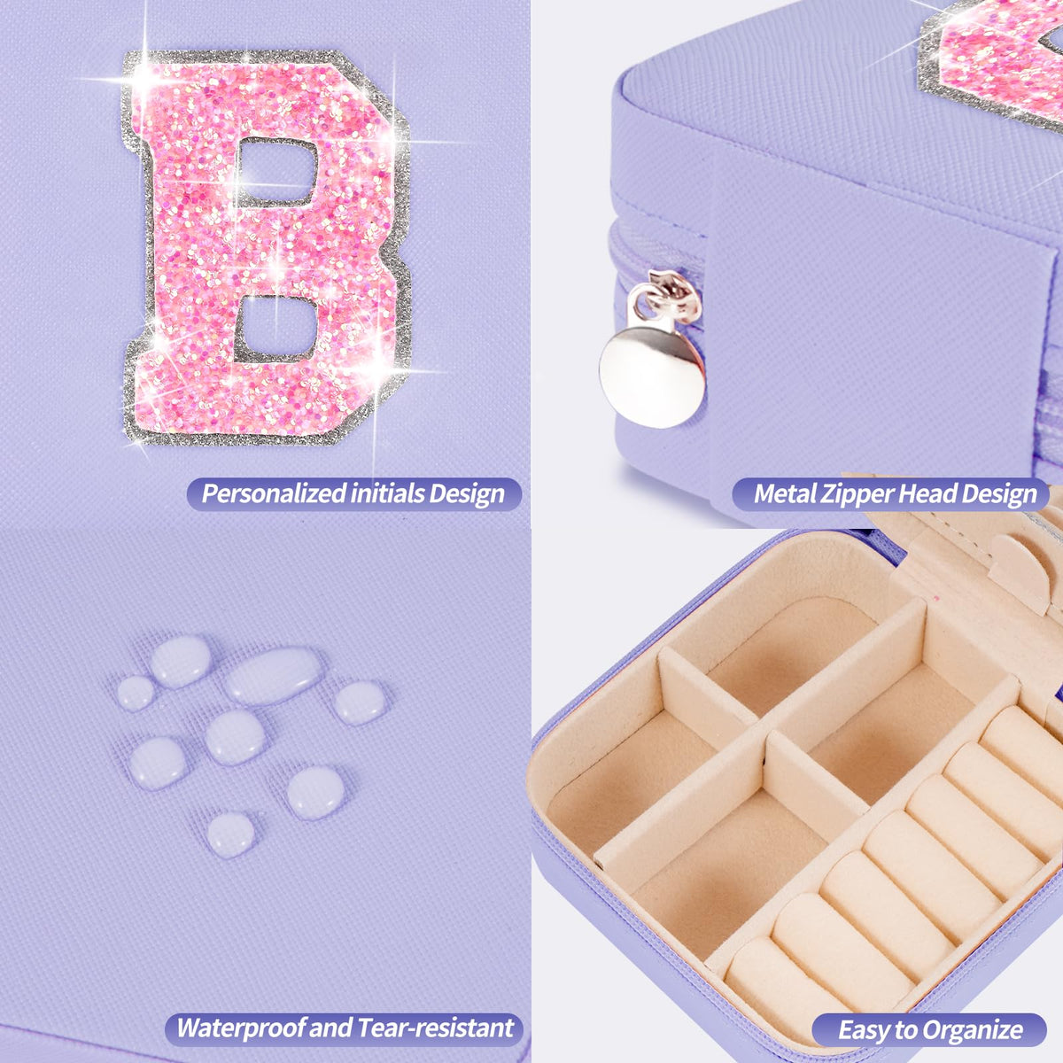 Uygafly Initials Travel Jewelry Case - Bridesmaid Gifts Wedding Day,Bridesmaid Proposal Gift,Bridal Shower Gifts,Maid of Honor Gifts,Bachelorette Party Decorations Favors | Lavender,B