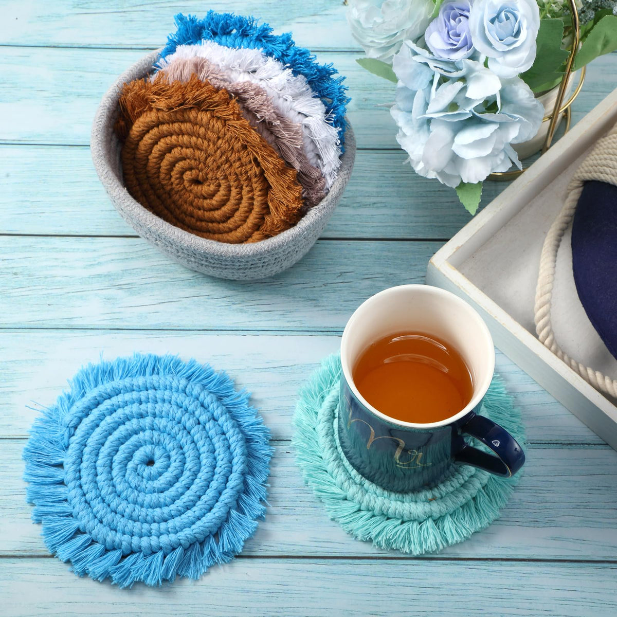 Coasters Set of 6 for Drinks Boho Absorbent Woven Cotton Coaster with Holder Farmhouse Tassel Macrame Cup Mat Housewarming Gift for Coffee Table Home Kitchen Office Decoration, 4 in(Ocean)