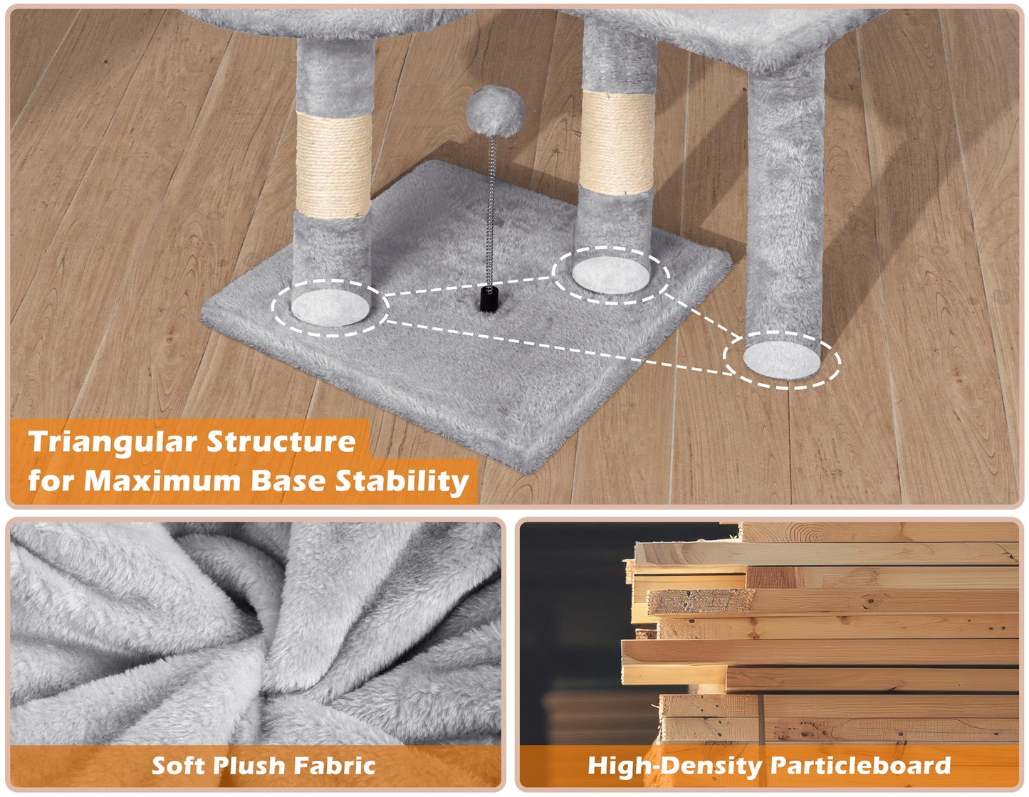Cat Tree, 112cm Cat Scratching Post for Indoor Cats, Multi-Level Stable Cats Tower with Sisal Scratching Posts, Plush Toy Balls, Cave, Sisal Rope for Kitten Climbing, Playing, Relaxing, Grey