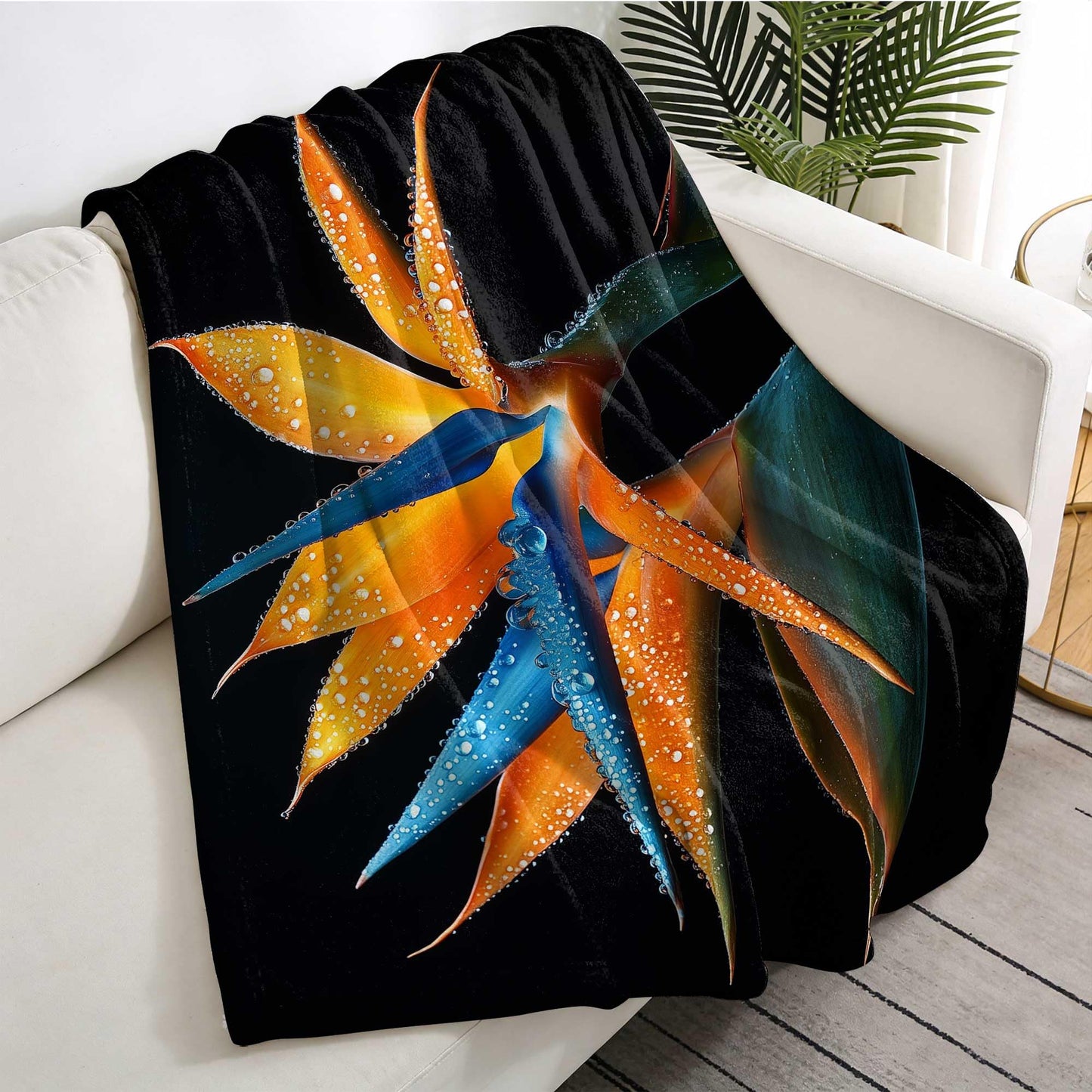 GXYAOYZG Paradise Throw Blanket Tropical Flower Print Throw Orange Blue Black Floral Design Still Life Soft Cozy Flannel Blankets for Couch Sofa Bedding Chair Home Decor Exotic Gifts (49" x 59")