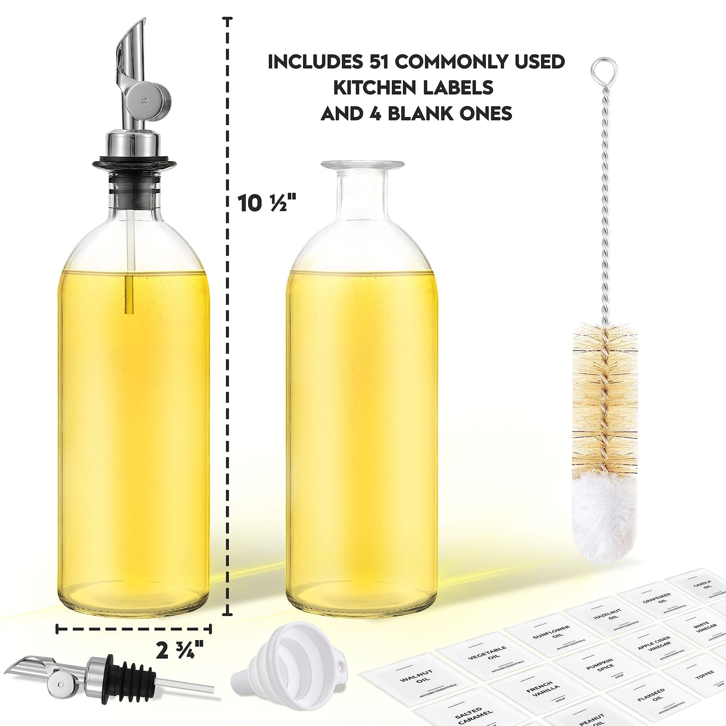 Spaceneat Oil Dispenser for Kitchen - Glass Olive Oil Bottle Set of 2 (16.9oz) with Silver Stainless Steel Weighted Self-Closing Pourer - Cooking Oil Dispenser with 66 Labels, Aligner & Funnel