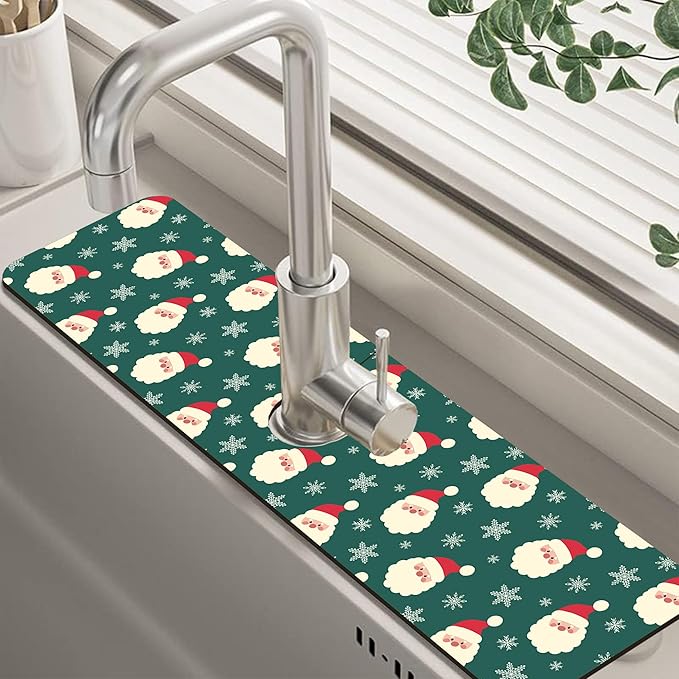 Christmas Kitchen Sink Splash Guard Mat Santa Claus and Snowflakes Sink Splash
