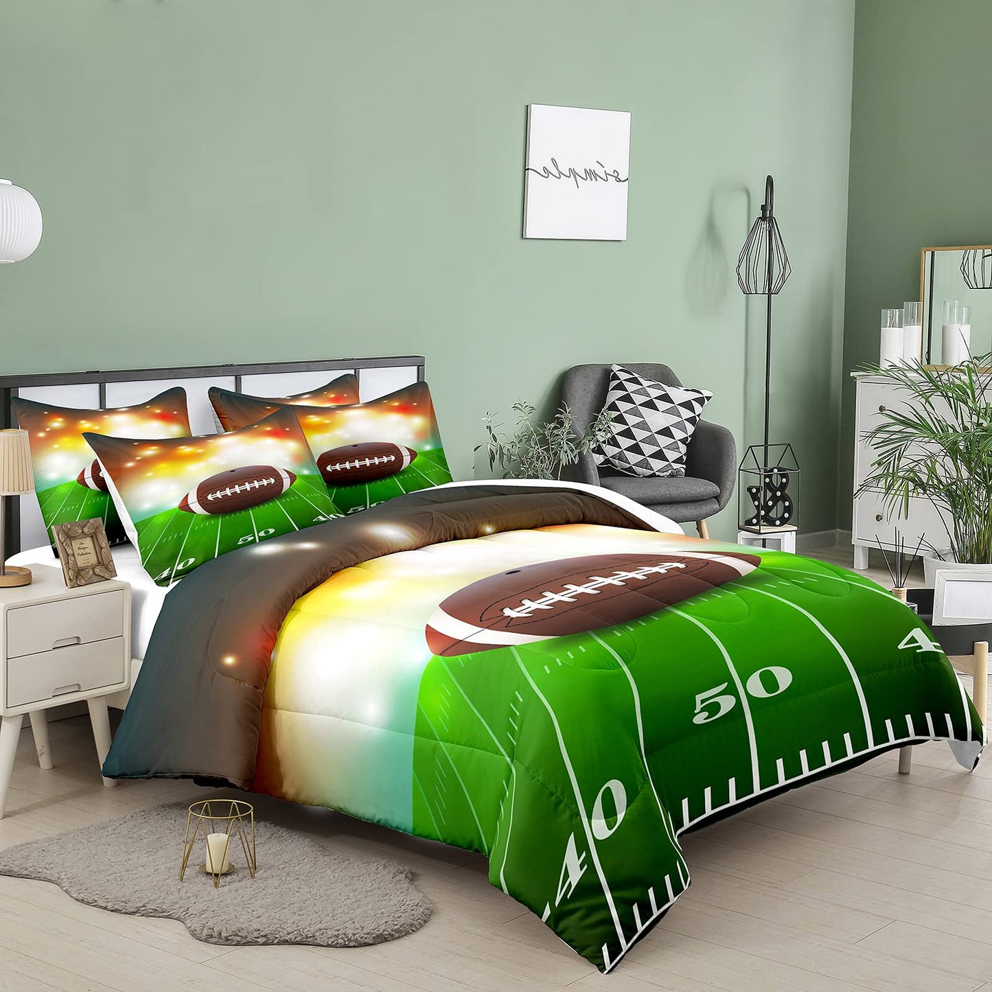 Bodhi Football Comforter Set Queen for Boys Kids Green Rugby Field Bedding Set with Fire Comforter and Pillowcase, Soft Sports Quilt, Queen Size #4011