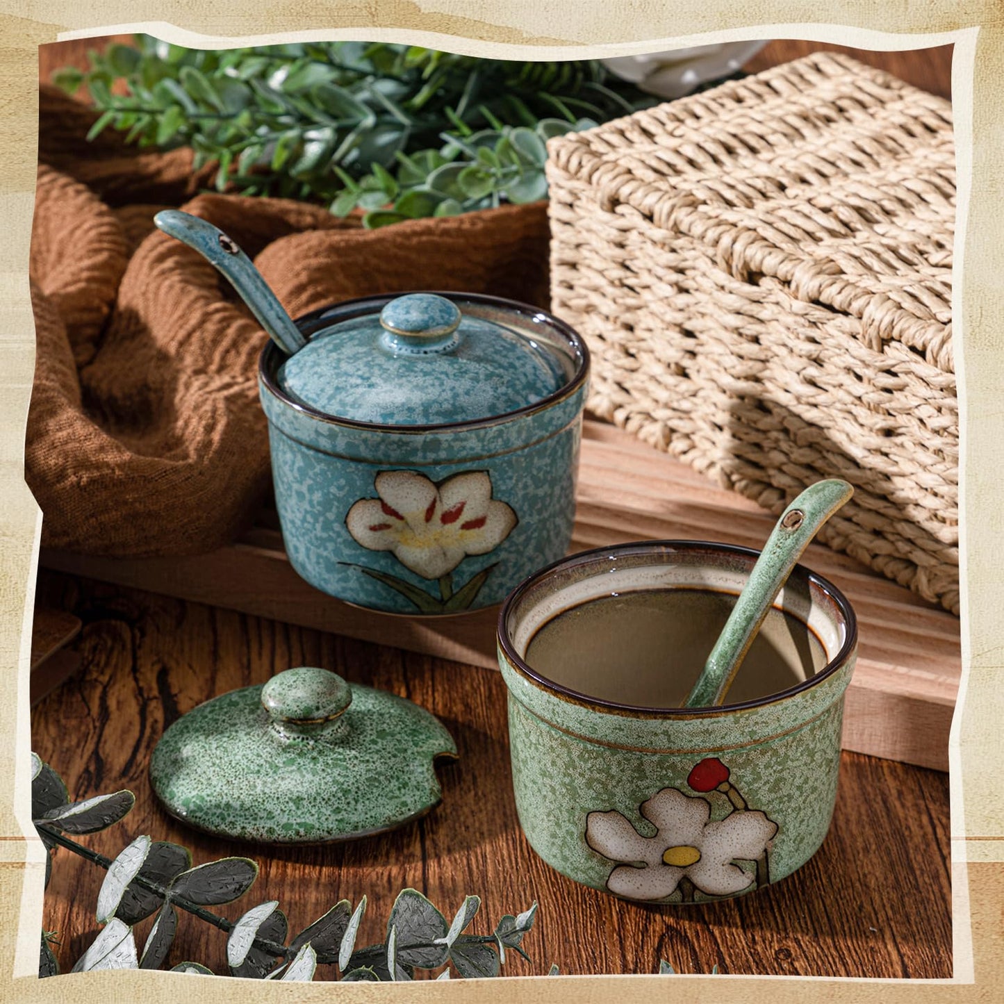 Acellegic 2 Pack Retro Hand Painted Flower Ceramic Salt Pepper Cellar with Lid and Spoon, Heavyweight Round Sugar Spice Containers Porcelain Jar for Housewarming Gift, Artisan Kitchen Decoration