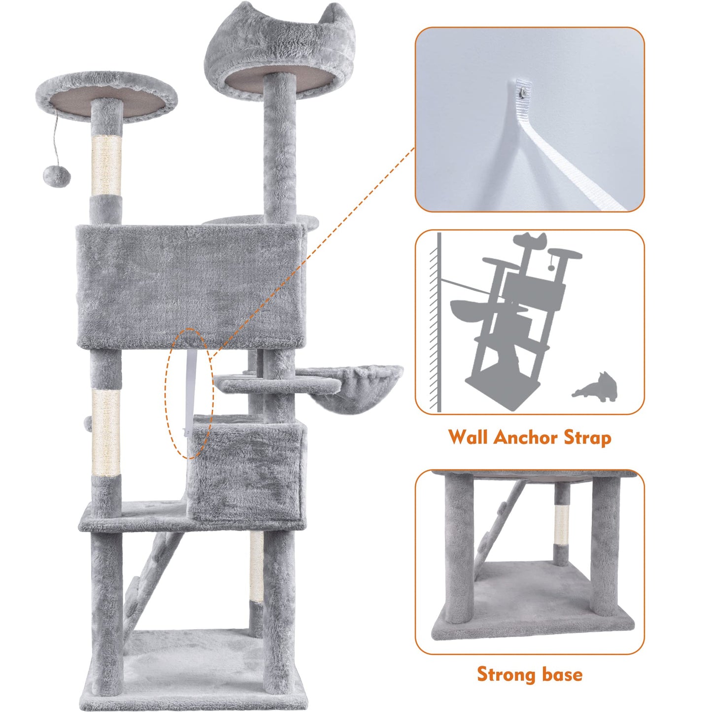HOMIDEC Cat Tree,151cm Cat Tower for Indoor Kitty,Scratching Post Stable Activity Centre Climbing Tree with 2 Kitty Houses, Hammock, 4 Sisal Posts, Ladder, and Rest Place