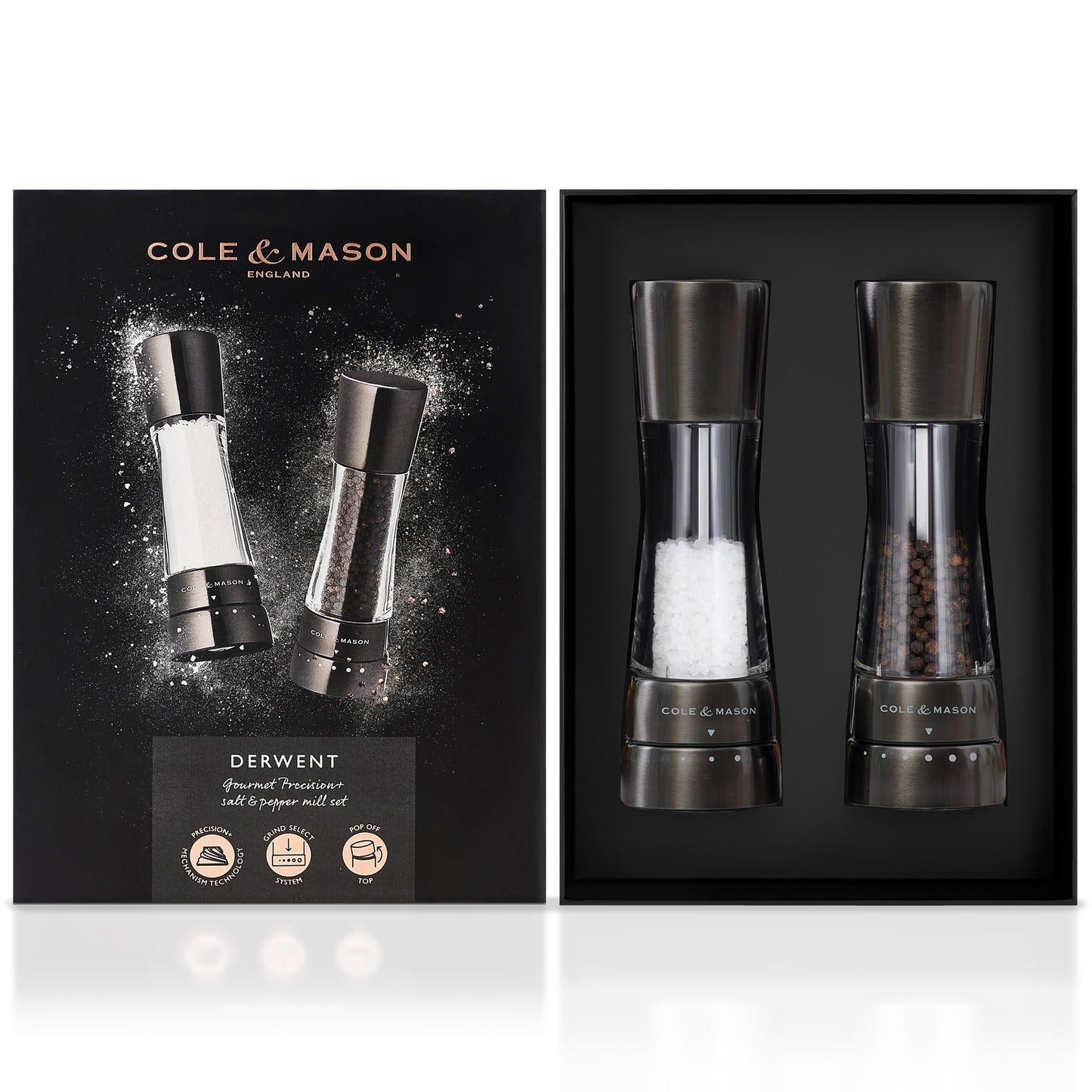 Cole & Mason Derwent Salt and Pepper Grinder Set - Refillable Salt & Pepper Grinder Set with Gourmet Precision Mechanisms - Kitchen Accessories for Cooking - Gift Set, Iron Grey
