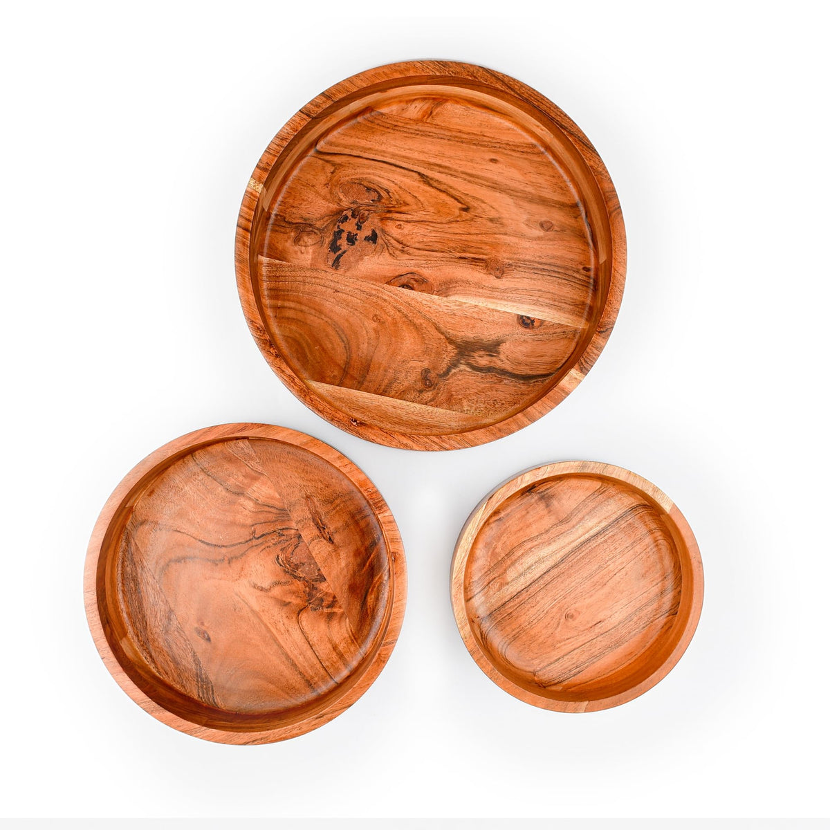 Wooden Acacia Round Bowl Set of 3 (12″,10″,8″), Wooden Salad Bowls-Multi-Purpose, Kitchen, Dining, Serving Food, Salads, Fruits - Handmade, Decorative, Rustic, Eco-Friendly, Food-Safe, Wood Serveware