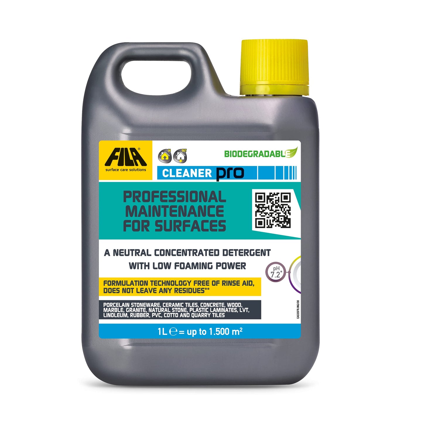 FILA Surface Care Solutions, CLEANER PRO, Concentrated Neutral Detergent - Up to 40 Washes - Hard Floor Cleaner Liquid for Floor Tiles in Marble, Porcelain, Stone etc, Laminate Floor Cleaner, 1L
