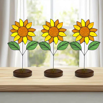 Verssure Stained Glass Flowers, Stained Glass Sunflower with Wood Base,Suncather Decor Mother's Day Birthday Gifts for Women, Home Party Tabletop Decorations