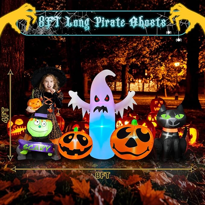 8FT Long Halloween Inflatables Outdoor Decorations, Inflatable Pumpkin and Ghost Black Cat Halloween Decorations with Built-in RGB LEDs Blow Up Inflatable for Halloween Party Garden Yard Lawn