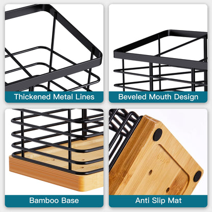 Suli Extra Large Kitchen Utensil Holder with 4 Compartments, Matte Black Metal holder with Wooden Base for Countertop, Farmhouse Cooking Utensil Storage, Rustic Cooking Utensil Organizer